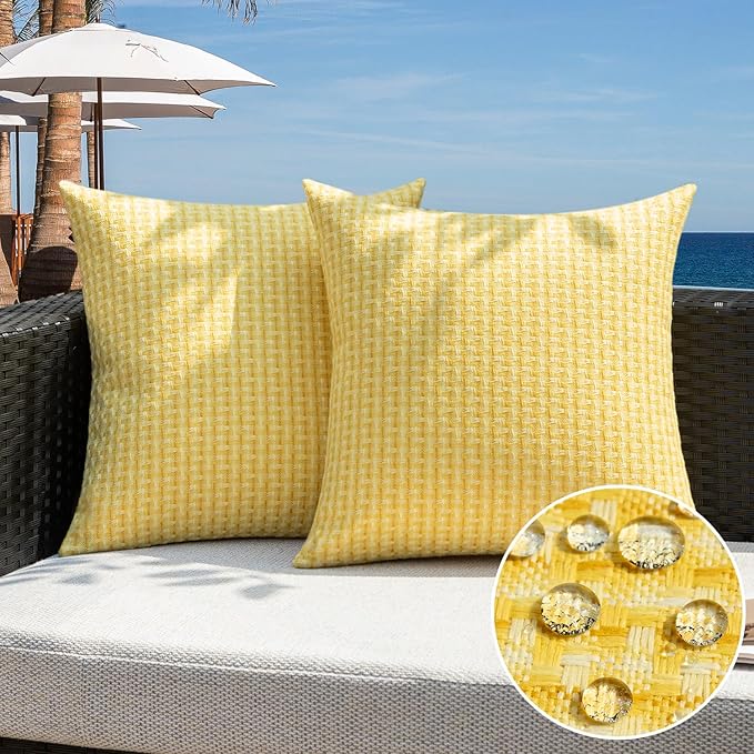Kevin Textile Outdoor Waterproof Throw Pillow Covers Pack of 2 Farmhouse Decorative Cushion Covers for Garden Patio Tent Balcony Bench Couch Sofa 24x24 Inch, Yellow