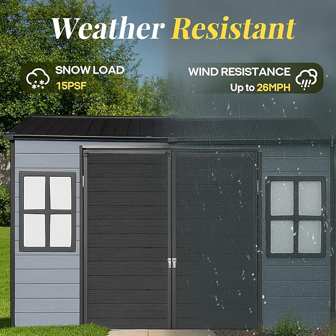 8x4ft Resin Outdoor Storage Shed with Floor and 2 Windows, Plastic Sheds & Outdoor Storage Clearance for GardenTools, Patio Furniture, Bike Accessories and Lawn Mower, Black+Grey