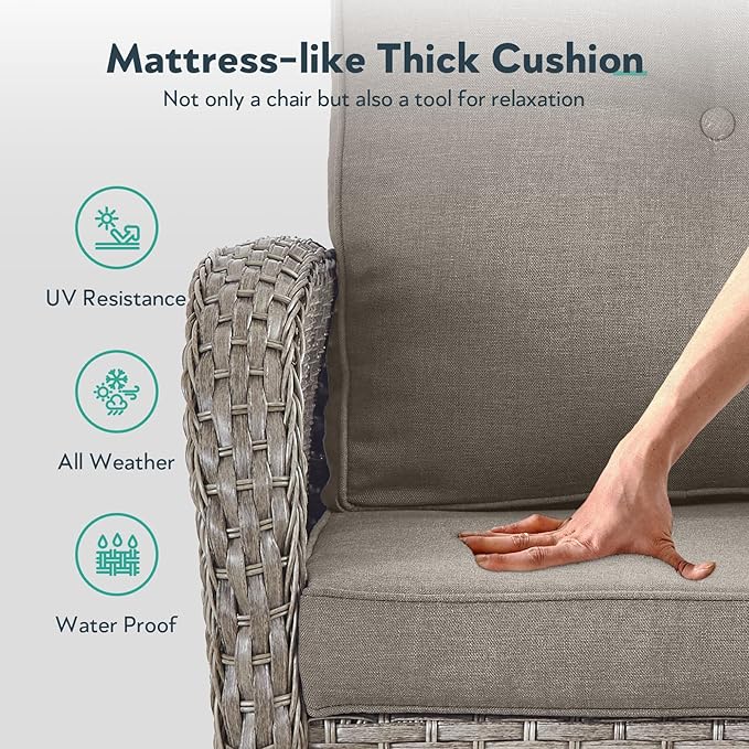 5 Piece Patio Furniture Set - Wicker Patio Conversation Set with Swivel Glider, Glider Loveseat, Tempered Glass Side Table and Coffee Table for Deck Backyard - Grey Wicker Grey Cushion