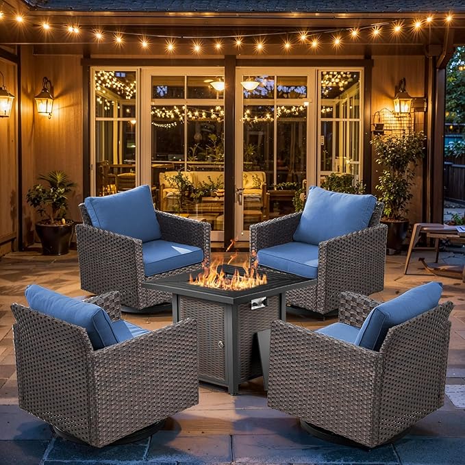 Wicker Outdoor Swivel Chairs Set of 4 with Fire Pit Table, 5 Pieces Patio Furniture Set with Fire Pit Table for Yard, Deck, Garden, Brown/Blue