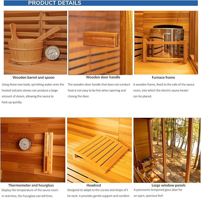 ZONEMEL Outdoor Red Cedar Steam Sauna for 8 Person, Modern Square with Porch, Full-Glass Front, 8KW ETL Harvia Heater, LED Lighting, Waterproof Roof, Double Bench, Complete Accessories