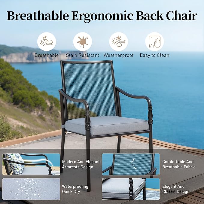 Patio Table and Chairs Set of 6, All-Weather Breathable Metal Mesh Patio Chair with Gourd-Shaped Armrests, 60x38 Wood-Like Table with Umbrella Hole, 7 Pcs Metal Frame Patio Dining Set