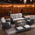 7 Piece Patio Furniture Set with Fire Pit Table - Wicker Patio Conversation Set with Swivel Glider, 3 Seat Sofa, Side Table and 2 Ottomans for Deck Backyard - Black Wicker Beige Cushion