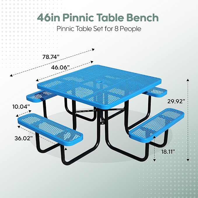 46Inch Square Picnic Table for 8 Person, Outdoor Heavy Duty Sturdy Picnic Tables with 4 Benches & Umbrella Hole, Commercial Metal Patio Picnic Table for Garden, BBQ, Coffee Store, Party, Porch (Blue)