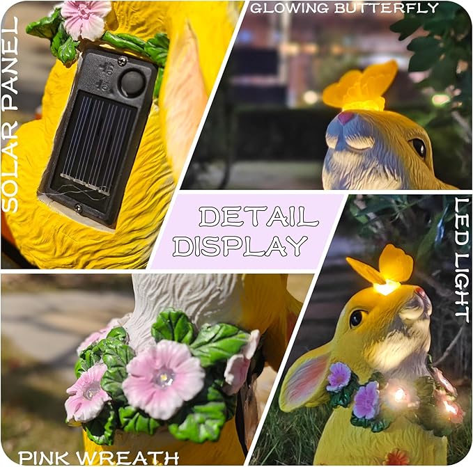 Solar Resin Rabbit Garden Outdoor Statue – Yellow Bunny Figurines with LED Floral Wreath & Butterfly, Decor for Patio Lawn Porch Yard Ornaments for Mom Grandma Wife