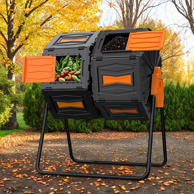 Compost Bin Outdoor 45 Gallon, BPA-Free Dual Chamber Rotating Composter for Kitchen Waste, Heavy-Duty Fast Compost Tumbler Great Sustainable Gift for Winter Garden Yard & Spring Ready Soil