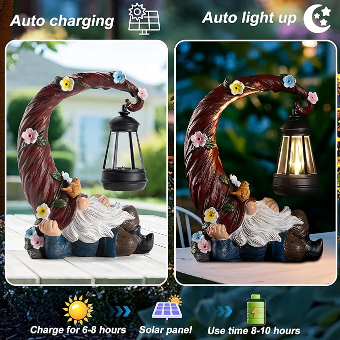 Garden Gnomes Outdoor Statues with Solar Light Funny Gnome Decor Gifts for Women Mom Gnomes Decorations for Home Patio Lawn Yard Garden Decor