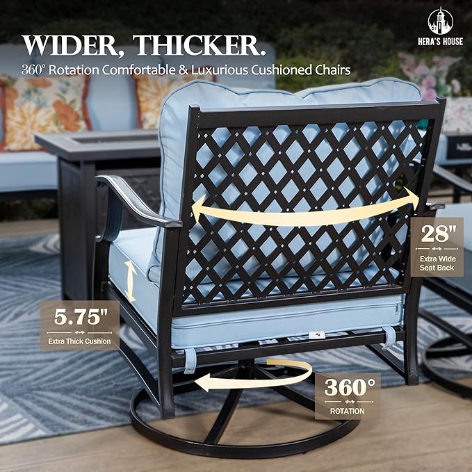HERA'S HOUSE 6 Pieces Patio Furniture Set with Fire Pit Table, 2 x Swivel Chair, 2 x Ottoman, 3-Seat Sofa with 45" Fire Pit Table, Outdoor Conversation Set for Garden, Poolside, Backyard, Blue