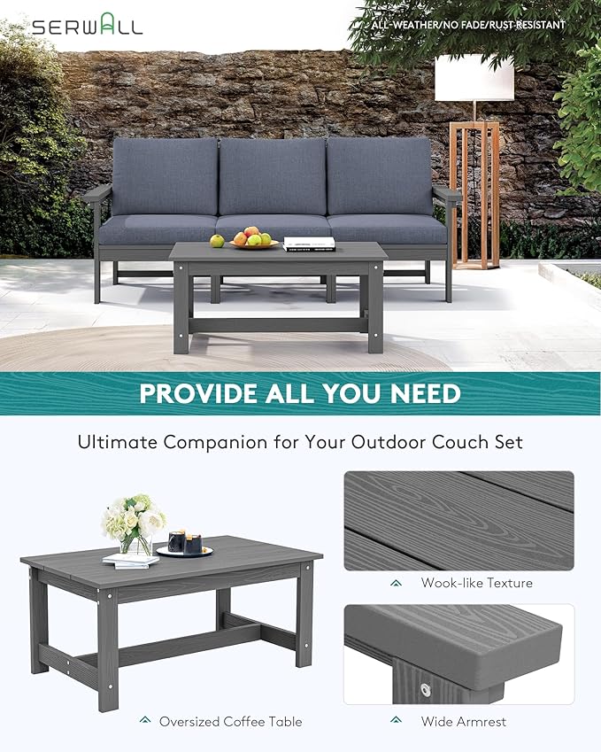 SERWALL HDPE Patio Sofa Set, 4-Piece Outdoor Sectional Furniture Set, All Weather Outdoor Couch Set Patio Furniture Set for Deck, Lawn, Blue Frame with Grey Cushion