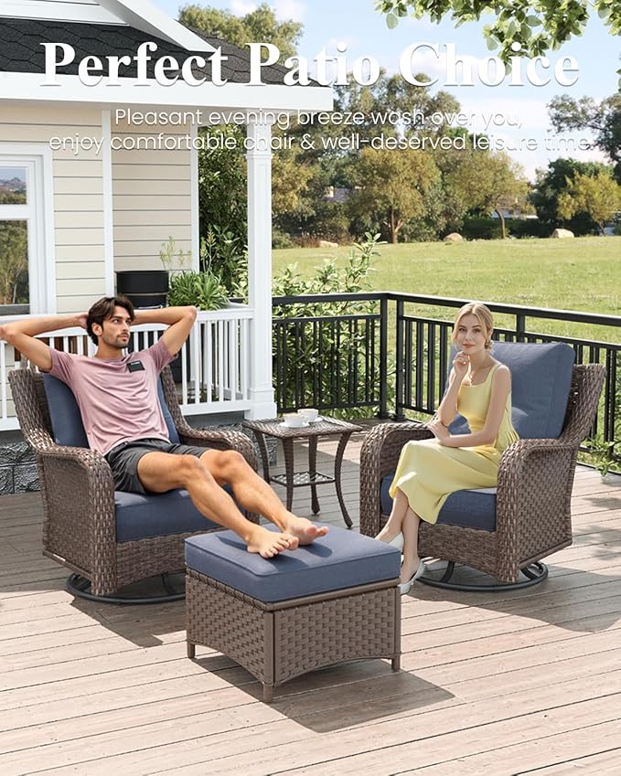 LayinSun 9 Piece Wicker Outdoor Furniture Set with 6-inch Comfy Cushions, High Back Patio Furniture Set with Swivel Rocking Chairs and Side Table