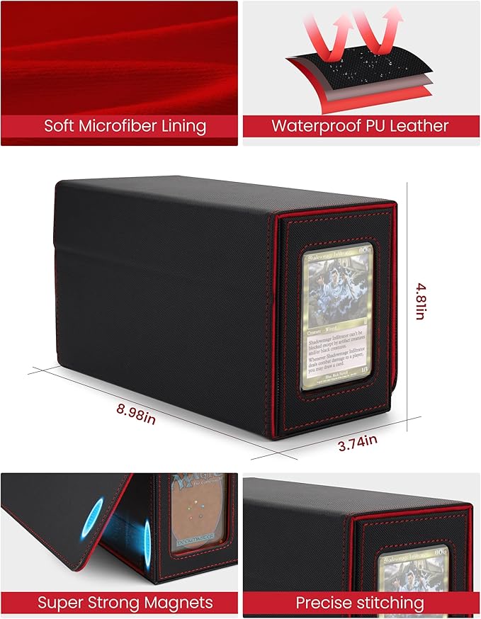 MRAUF MTG Deck Box with Double Commander Display and Dice Tray, Fits 200+ Double Sleeved Cards, Card Storage Box Plus 2 Magnetic Holders& 100Pcs Card Sleeves (Black& Red)
