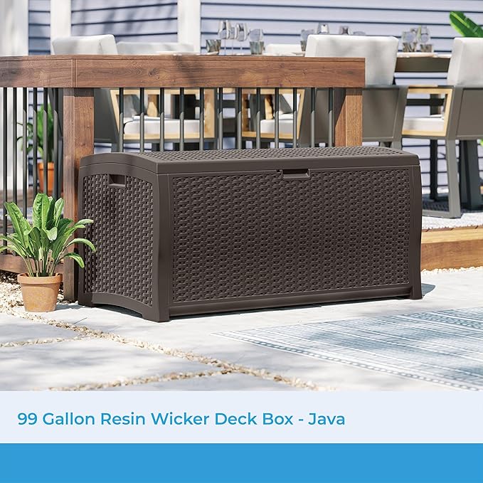 Suncast DBW9200 99 Gallon Outdoor Wicker Plastic Patio Storage Chest Bin with Handles for Patio, Garden, Garage, or Pool for All Weather, Mocha