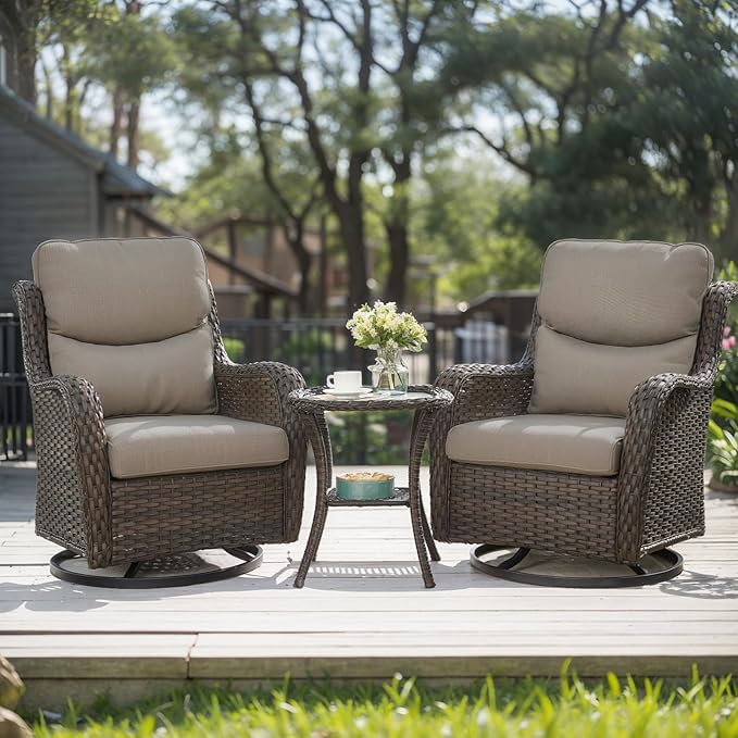HUMMUH Wicker Patio Furniture High Back Swivel Rocker Patio Chairs Outdoor Bistro Set with Ottomans Side Table for Porch Garden Deck