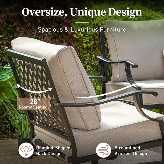Patio Furniture Set, Modern Metal Outdoor Patio Furniture, 3 Seater Sofa, 2 Single Chairs, 2 Ottomans, Coffee Table and 5.75" Extra Thick Cushion, Patio Conversation Set for Backyard
