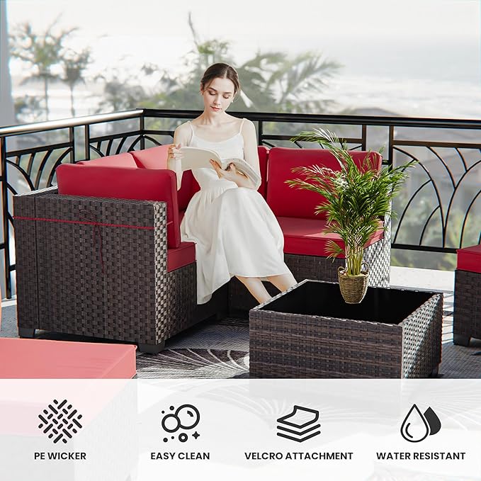 12 Pcs Outdoor Patio Furniture Set Outdoor Furniture All Weather Patio Sectional Sofa PE Wicker Modular Conversation Set with Coffee Table, Swivel Rocking Chair Red