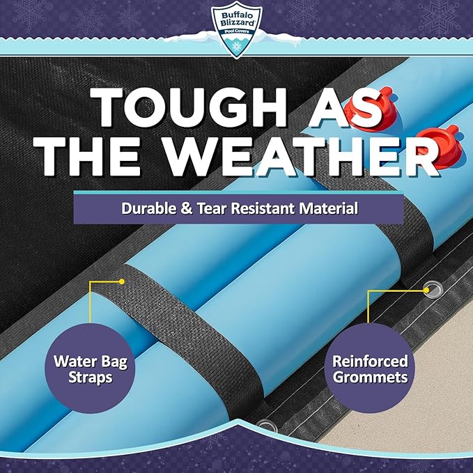 Buffalo Blizzard Deluxe Winter Cover for 25 ft x 50 ft Rectangle Inground or Above Ground Swimming Pools | Blue/Black Reversible | 5-Foot Additional Material