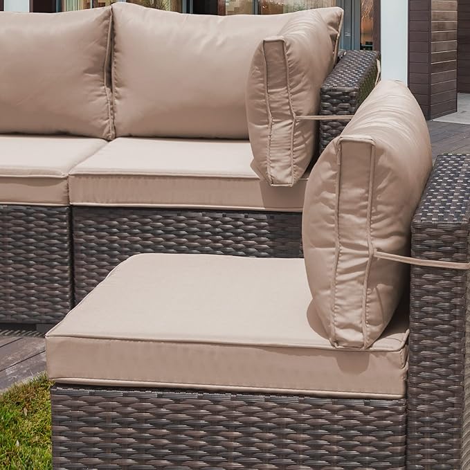 Outdoor Patio Furniture Set, 9 Pieces Outdoor Furniture All Weather Patio Sectional Sofa PE Wicker Modular Conversation Sets with Coffee Table,8 Chairs & Seat Clips(Brown)