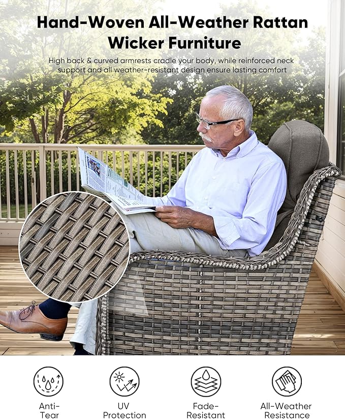 HUMMUH Wicker Patio Furniture Set with Patio Swivel Chairs Set of 4 and 50,000 BTU Fire Pit Table,6 Inch Thick Cushions High Back Outdoor Swivel Rocker Chairs Set for Porch, Balcony, Deck