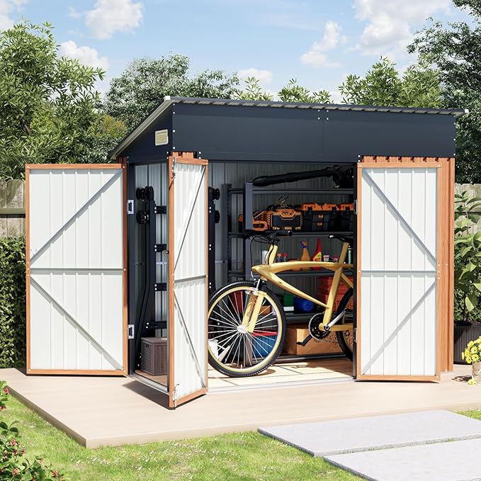 8x4 Ft Outdoor Metal Shed, Storage Shed with Floor, Updated Frame Structure & Triple Lockable Doors, Large Garden Tool Shed for Backyard, Patio, Lawn & Utility Storage