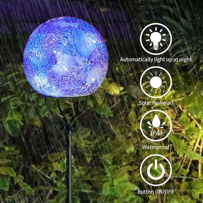VCUTEKA Solar Outdoor Lights Garden Decor Mosaic Solar Garden Lights Waterproof Glass Ball LED Pathway Stake Light for Landscape Lawn Patio Yard Decoration 6 inch, Blue