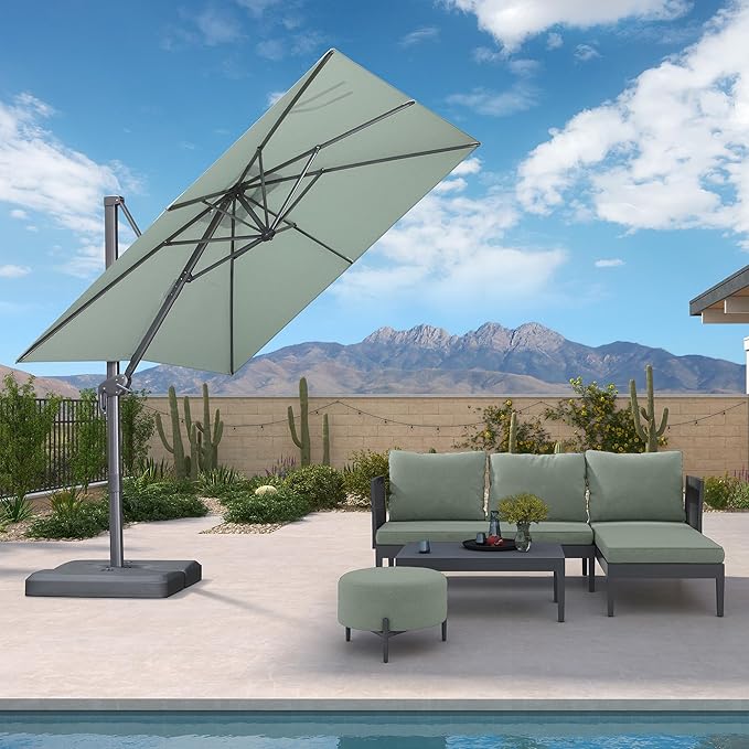 PURPLE LEAF 8 FT Cantilever Patio Umbrella Outdoor Aluminum Offset Square Umbrella with 3 Years Fade Resistance Recycled Fabric and 360-degree Rotation for Deck Pool Garden, Mint Green