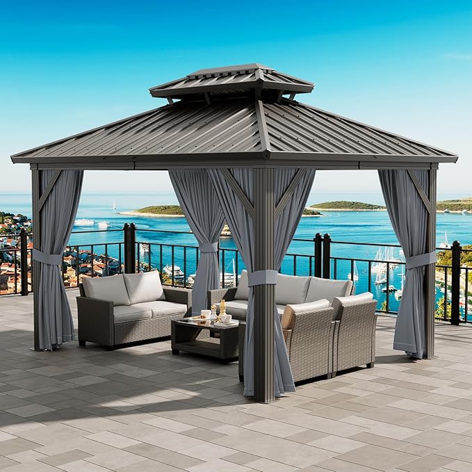 12'x12' Hardtop Gazebo, Heavy Duty Aluminum Permanent Hardtop Gazebo Outdoor Pavilion with Curtains and Netting for Garden (Gray, 12'x12')