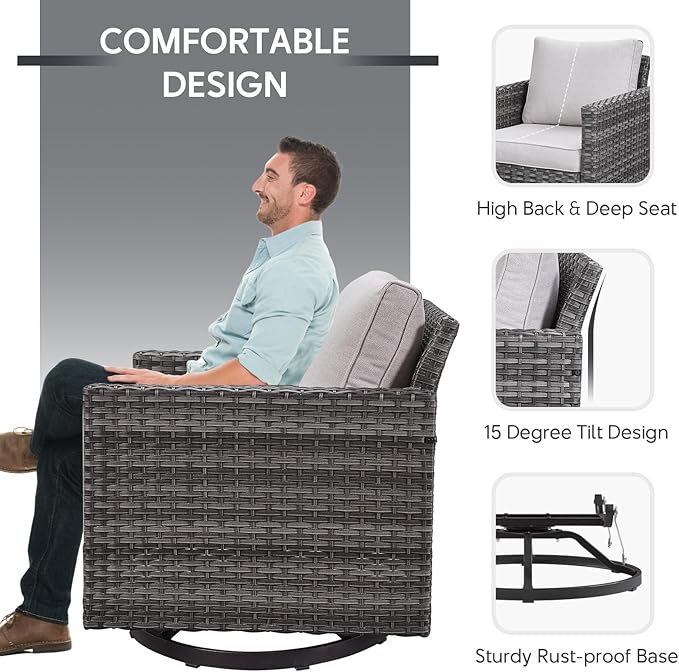 6 Piece Wicker Patio Furniture Set - Outdoor Swivel Rocker Chairs Set with Coffee Table, 3 Seat Sofa & Ottomans, Small Patio Conversation Sets Proch Furniture for Balcony Deck - Grey/Beige