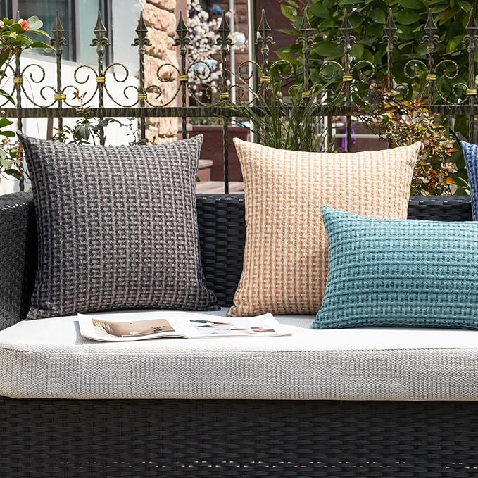 Kevin Textile Outdoor Waterproof Throw Pillow Covers Pack of 2 Weaving Texture Water Resistant Outside Decorative Cushion Covers for Garden Patio Tent Balcony Bench Couch Sofa 18x18 Inch, Light Brown