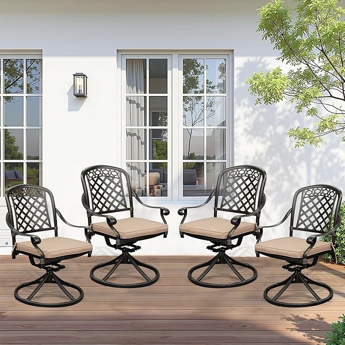 Set of 4 Cast Aluminum Patio Chairs with Cushions, All-Weather Aluminum Outdoor Swivel Chairs, Metal Outdoor Rocking Chairs for Backyard, Poolside and Bistro (Khaki, 4 Pieces)