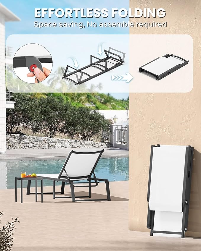 Aluminum Chaise Lounge Outdoor Set of 2, Foldable & Assembly Free Patio Pool Lounge Chairs 5-Position Recliner for Outside Poolside, Fully Grounded Legs Sun Lounger for Beach, Yard, White