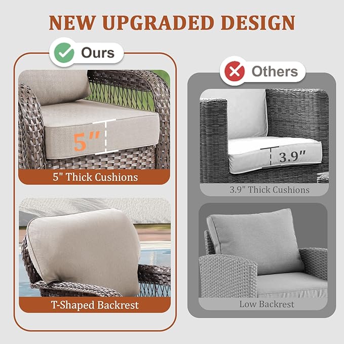 10 Pieces Patio Furniture Set Outdoor Sectional Sofa Couch with Rocking Swivel Chairs 5" Deep Seat Chairs, Modern Wicker Rattan Conversation Set, Beige/Brown Wicker