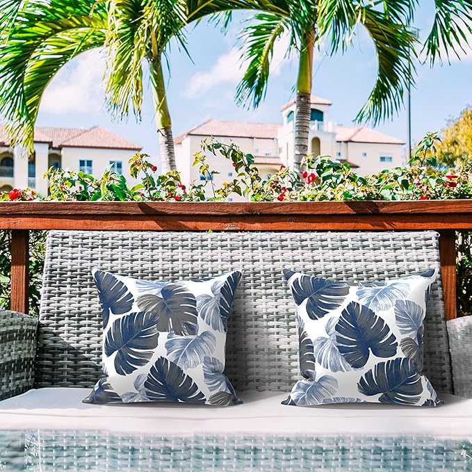 LVTXIII Outdoor/Indoor Throw Pillows, Decorative Throw Pillows with Inserts, 18"x18" Square Pillows for Bed, Couch, Sofa and Patio Furniture (Set of 2, Monstera Blue)
