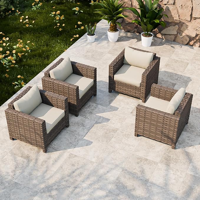 COOS BAY Lanai Chic Outdoor Chair Set of 4, Deep Seating Patio Chairs, Modern Outdoor Armchairs, 4 Pieces, Brown/Beige