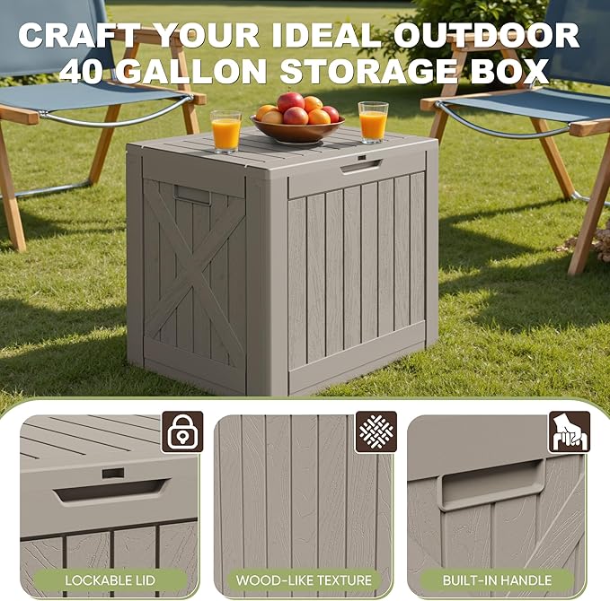 Greesum 40 Gallon Outdoor Deck Box, Resin Storage for Patio Furniture, Garden Tools, Pool Supplies, Weatherproof and UV Resistant, Lockable, Light Coffee