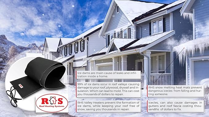 RHS Snow Melting Mats – Roof & Valley Heater for Ice Dam Prevention – American-Made, Black, Melts 2” Snow per Hour (25’ x 13”)