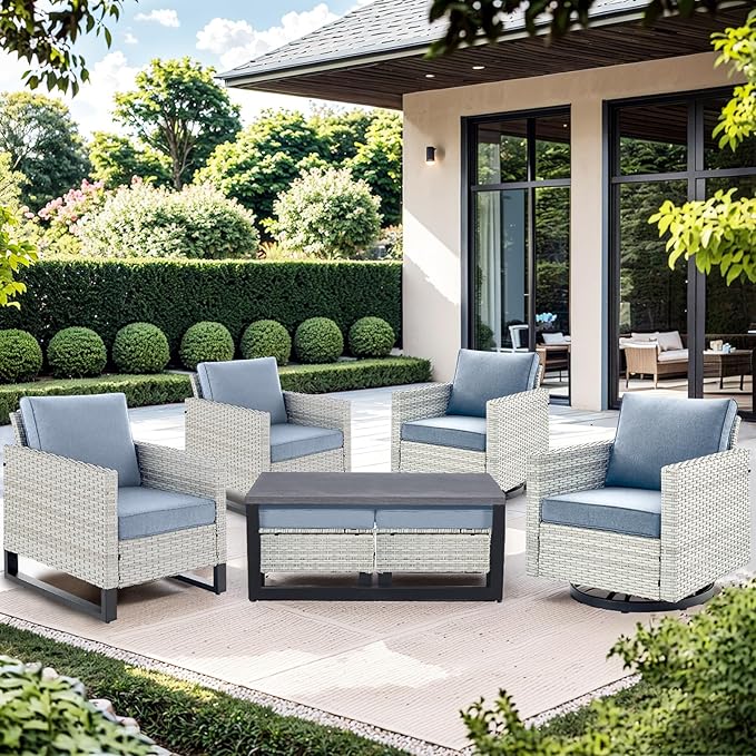 Wicker Patio Furniture Set：7 Piece Outdoor Patio Furniture Set with 2 Swivel Patio Chairs 2 Single Chairs a Coffee Table and 2 Ottomans, Light Grey Wicker/Light Blue Cushion