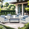 Wicker Patio Furniture Set：7 Piece Outdoor Patio Furniture Set with 2 Swivel Patio Chairs 2 Single Chairs a Coffee Table and 2 Ottomans, Light Grey Wicker/Light Blue Cushion