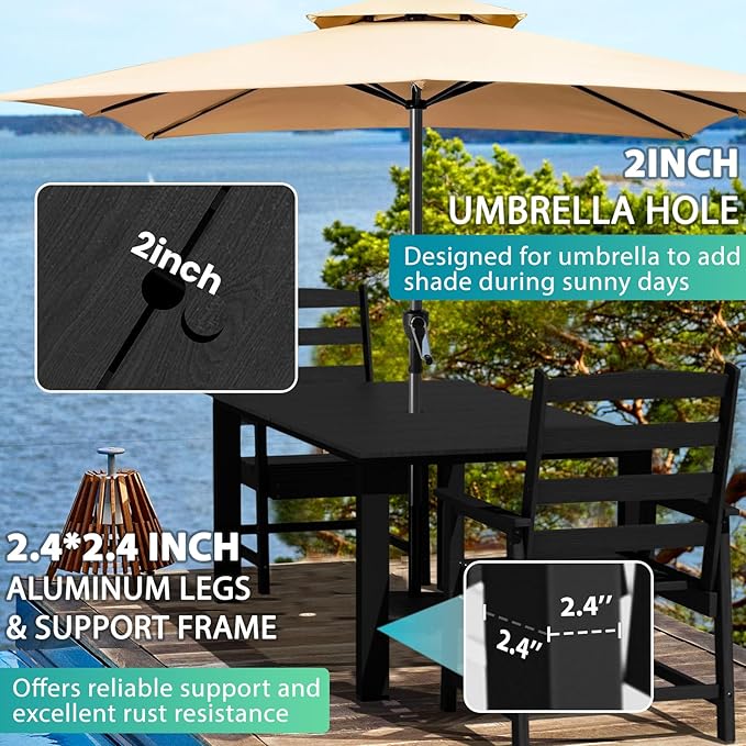LOUNZY 9 Pieces Patio Dining Sets,Outdoor HDPE Furniture Set for 8 w/ 2" Hole Cut-Out Dining Table with 8 Patio Chairs(2 W/Armrest, 6 w/o Armrest),Black