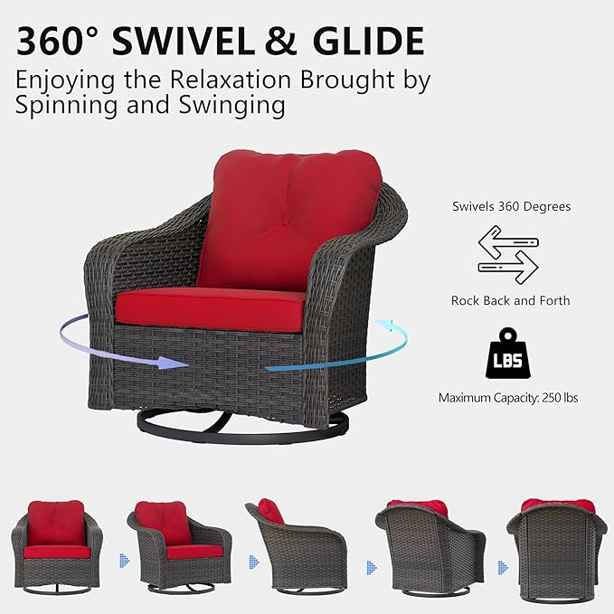 Outdoor Brown Wicker Swivel Rocking Chair - Red, 1PC, Alloy Steel Frame, 300 lbs Weight Capacity, Includes Water-Resistant Cushions