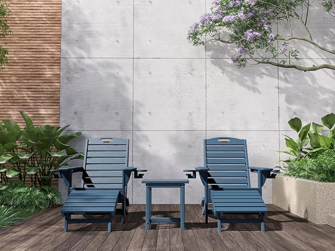 Folding Adirondack Chairs Set of 2,Adirondack Chair with Retractable Ottoman,Plastic Adirondack Chairs with 2 Cup Holder,Weather Resistant Patio Chair,Outdoor Chairs Set of 2(Navy Blue)