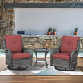 Luxury Wicker Swivel Patio Chairs Set of 3, Outdoor Swivel Rocking Chairs with Side Table, Outdoor Bistro Set for Patio, Porch, Yard, Deck, Poolside, Grey/Red