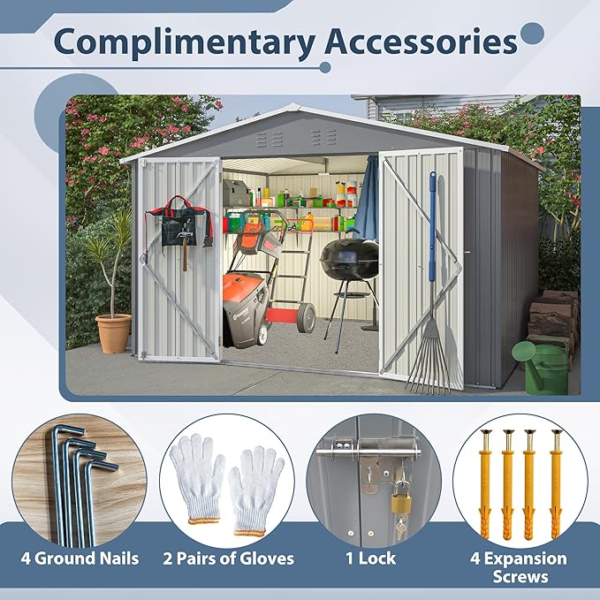 10X8 FT Outdoor Storage Shed, All Weather Metal Sheds withLockable Doors, Tool Shed for Garden, Patio, Backyard, Lawn, Silver Gray
