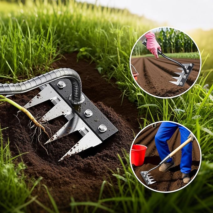Iron Weeding Rake, 5-Teeth Detachable Gardening Hand Weeder Tool with Ergonomic Grip, Heavy-Duty Hand Weeder Puller Tool for Yard & Lawn & Flowerbeds