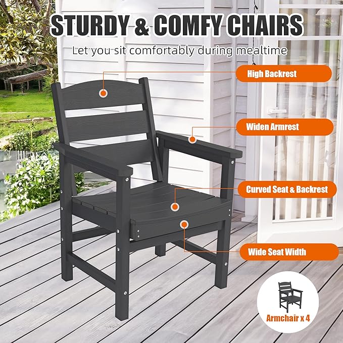 6-Piece HIPS Patio Dining Set, Outdoor Dining Table and Chairs Set with Umbrella Hole, Weatherproof Dining Table Set for 6 Person, Patio Furniture Set for Outside Deck, Black