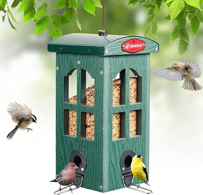 Kingsyard Upgraded Rainproof Bird Feeder for Outdoor Hanging - Metal Feeding Port, Recycled Plastic Wild Bird Feeder with Metal Mesh Tray for Goldfinch Small Bird, Garden Yard Decoration, Green