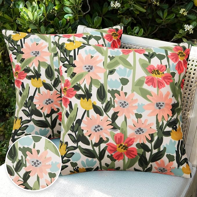 Pyonic Outdoor Pillows Cover Pack of 2 Floral Waterproof Throw Pillow Covers 18X18 inch Outdoor Pillows for Patio Furniture Garden Square Outside Waterproof Pillow