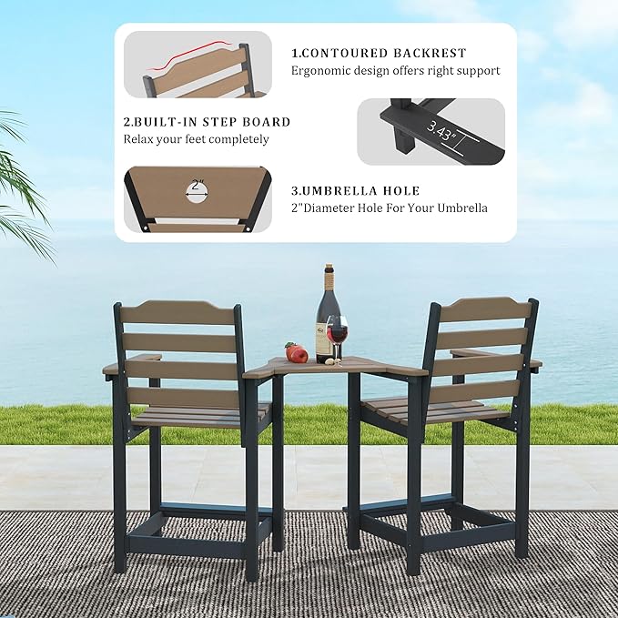 OTSUN Tall Adirondack Chairs Set of 4 with Connecting Tray, 24 inches HDPE Bar Height Outdoor Chairs, All Weather Resistant for Balcony, Porch, Kitchen (4 PCS, Black&Brown)