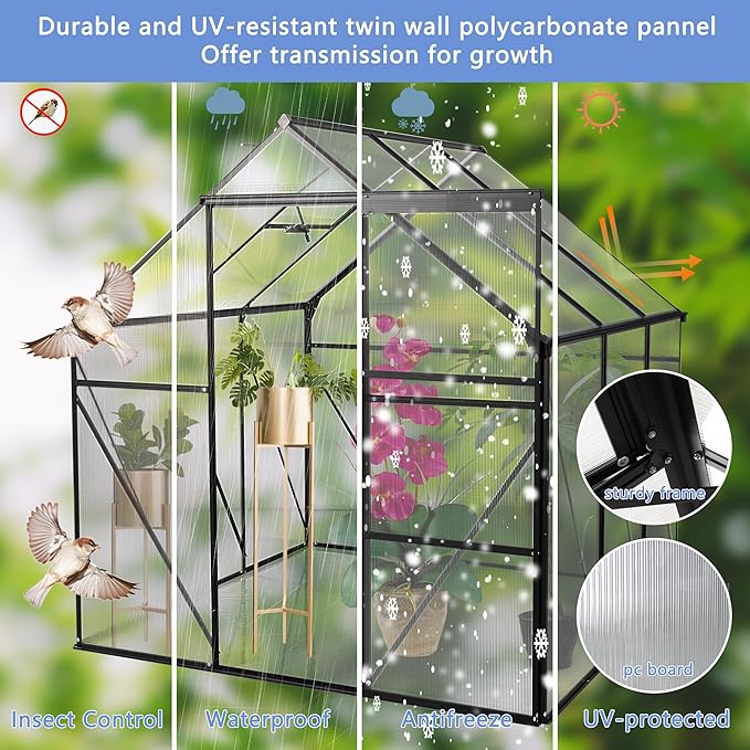6x6 FT Polycarbonate Walk-in Greenhouse,All Season Garden Green Houses,Aluminum Hot House w/ Raised Base,Adjustable Vent Roof & Sliding Door for Outdoor Backyard,Easy to Install,Black