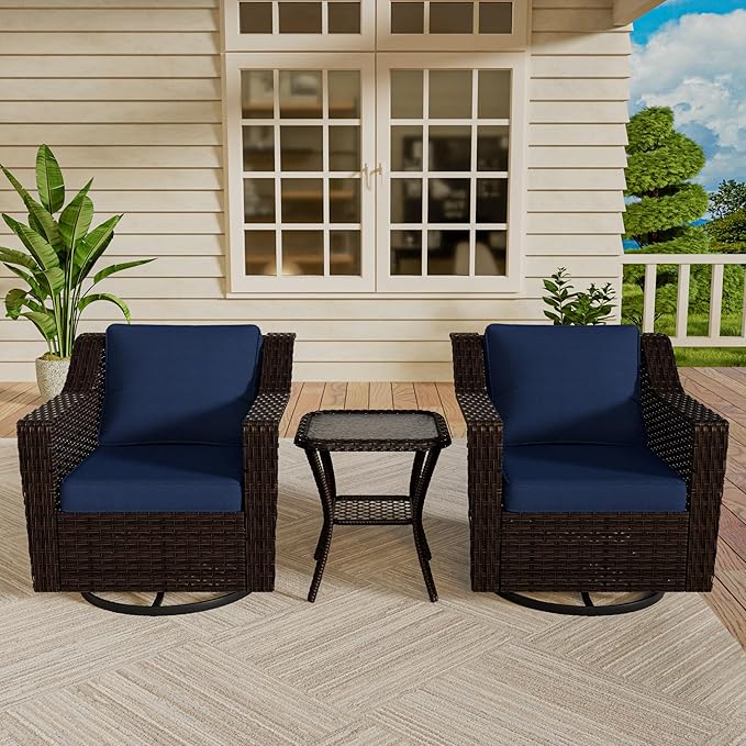 Vista Vibe 3 Pieces Outdoor Patio Conversation Furniture Set - 360 Degree Swivel Glider Rocker Chairs | Wicker End Table, Washable Cushions, Hand-Woven PE Rattan, Lawn, Sunroom (Brown/Navy)