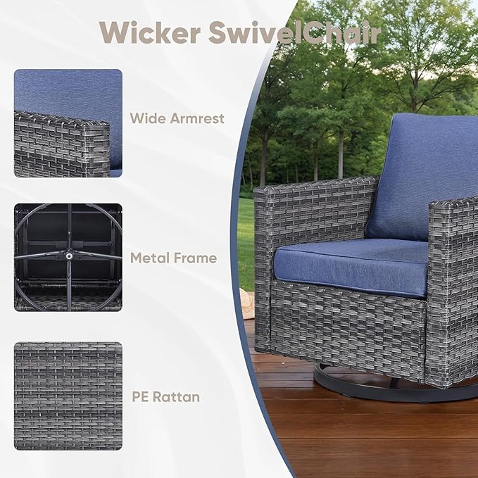 Wicker Patio Furniture Set, 6 PCS Outdoor Patio Furniture Set with Swivel Chairs, Includes 2 Swivel Patio Chairs, 1 Outdoor Couch, 1Side Table and 2 Ottoman, Grey/Blue